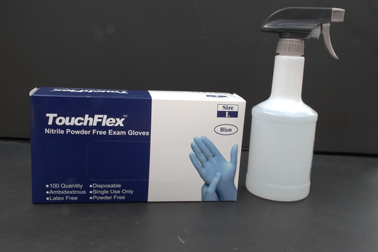 Box of gloves and 70% isopropyl alcohol spray bottle